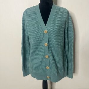 L.L. Bean Women’s Seafoam Green Basket Weave V-Neck Cotton Button Cardigan Sz  L